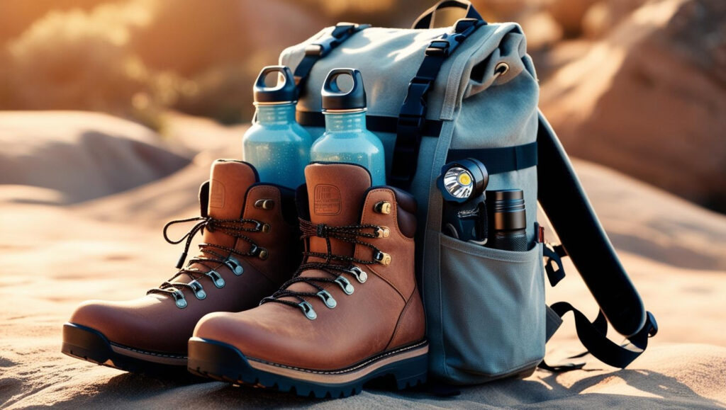 Adventure trip packing essentials, including hiking gear and a backpack