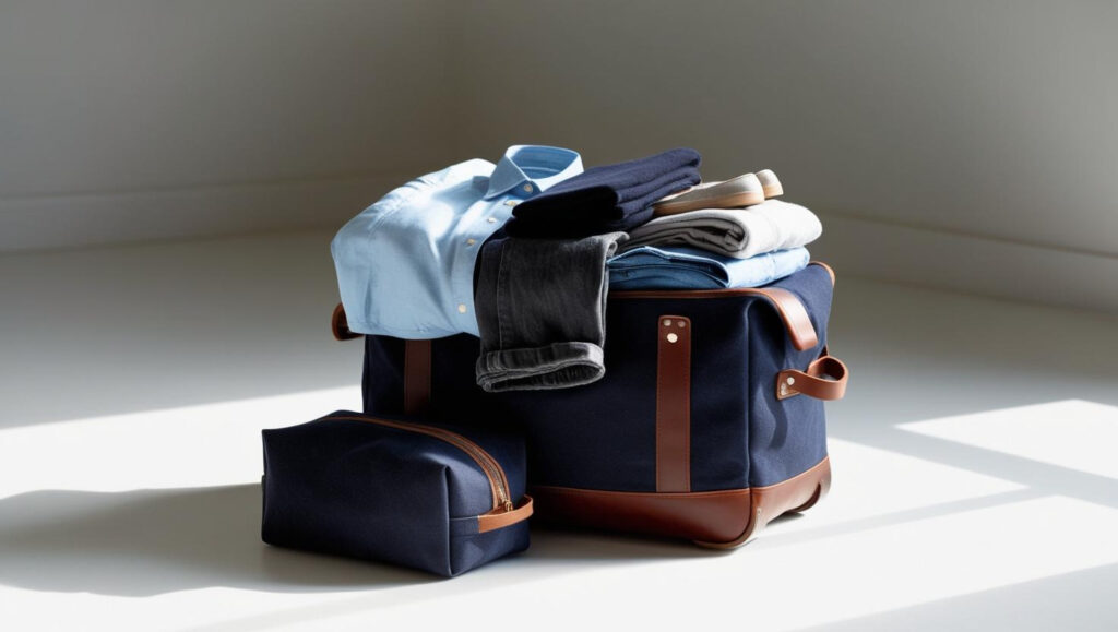 Packing essentials for a weekend getaway, including a carry-on bag and travel-size toiletries.